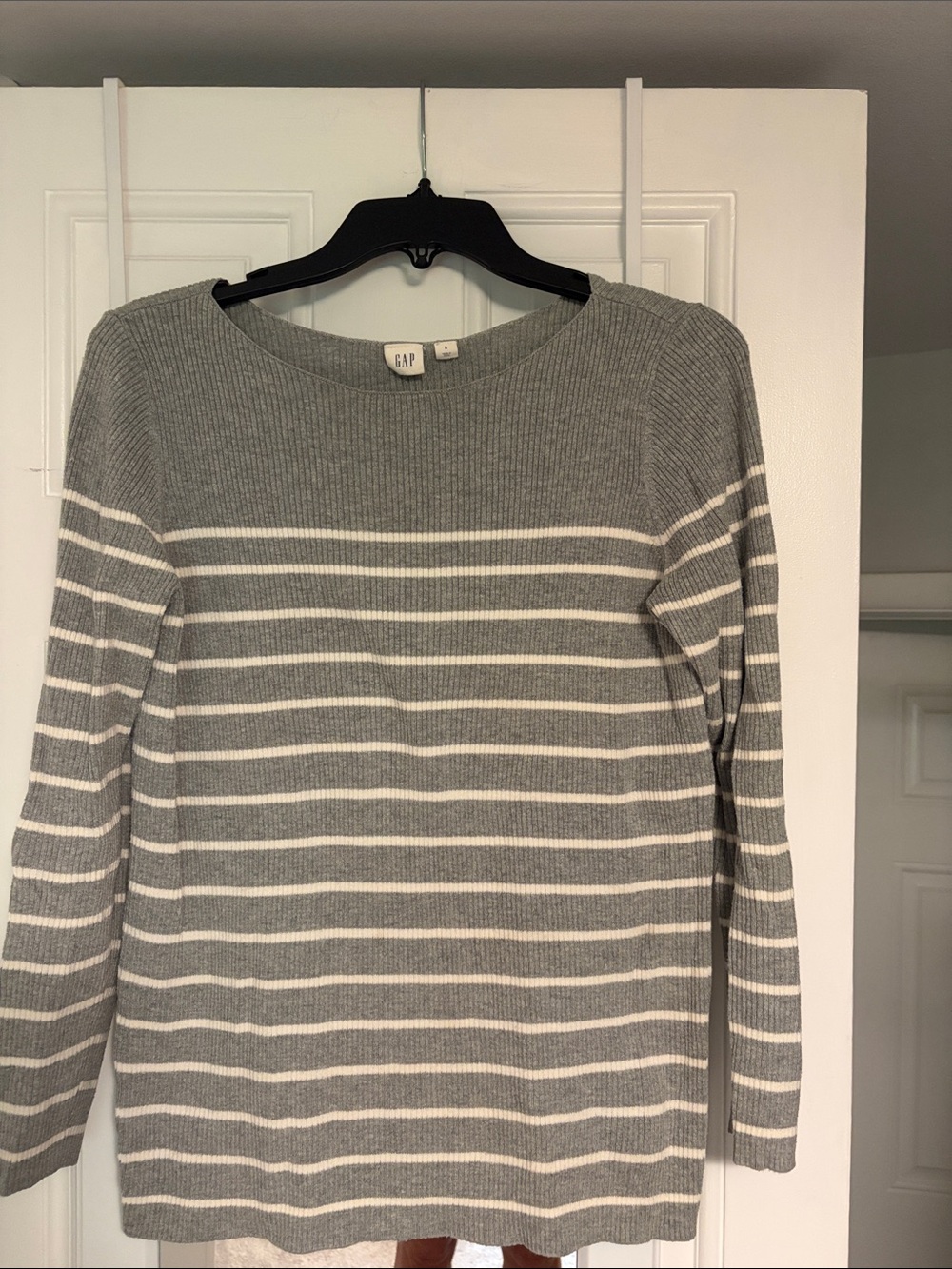 GAP Gray and White Striped Ribbed Crewneck Sweater